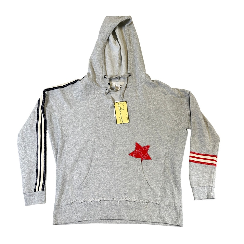 NWT Vintage Havana Womens Gray Bandana Star Patch Hoodie Raw Hem Sweatshirt S